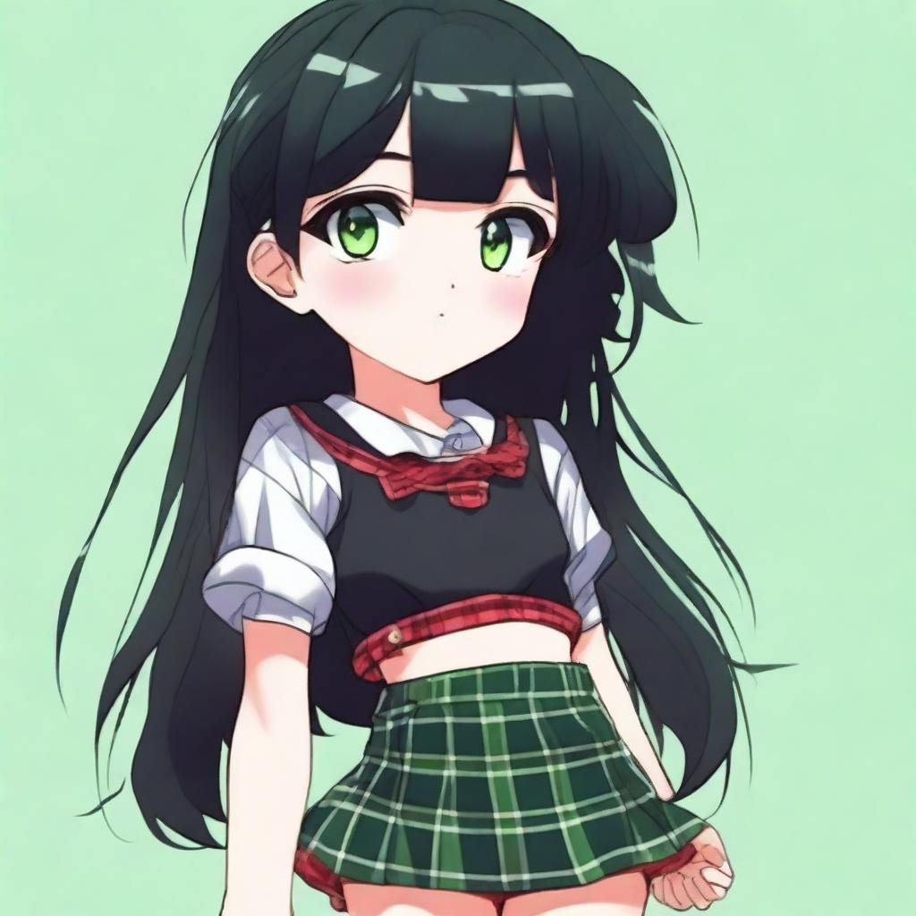 Generate an image of an anime-style little girl with black hair and a red eye