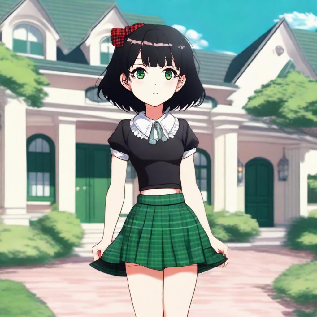 Generate an image of an adorable anime-style little girl with black hair and a red eye