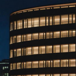 Architectural masterpiece of a modern building at night with some windows radiating a warm, inviting light