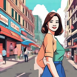 Create an image showing the transformative journey of a character named Clara in the bustling city of Manila