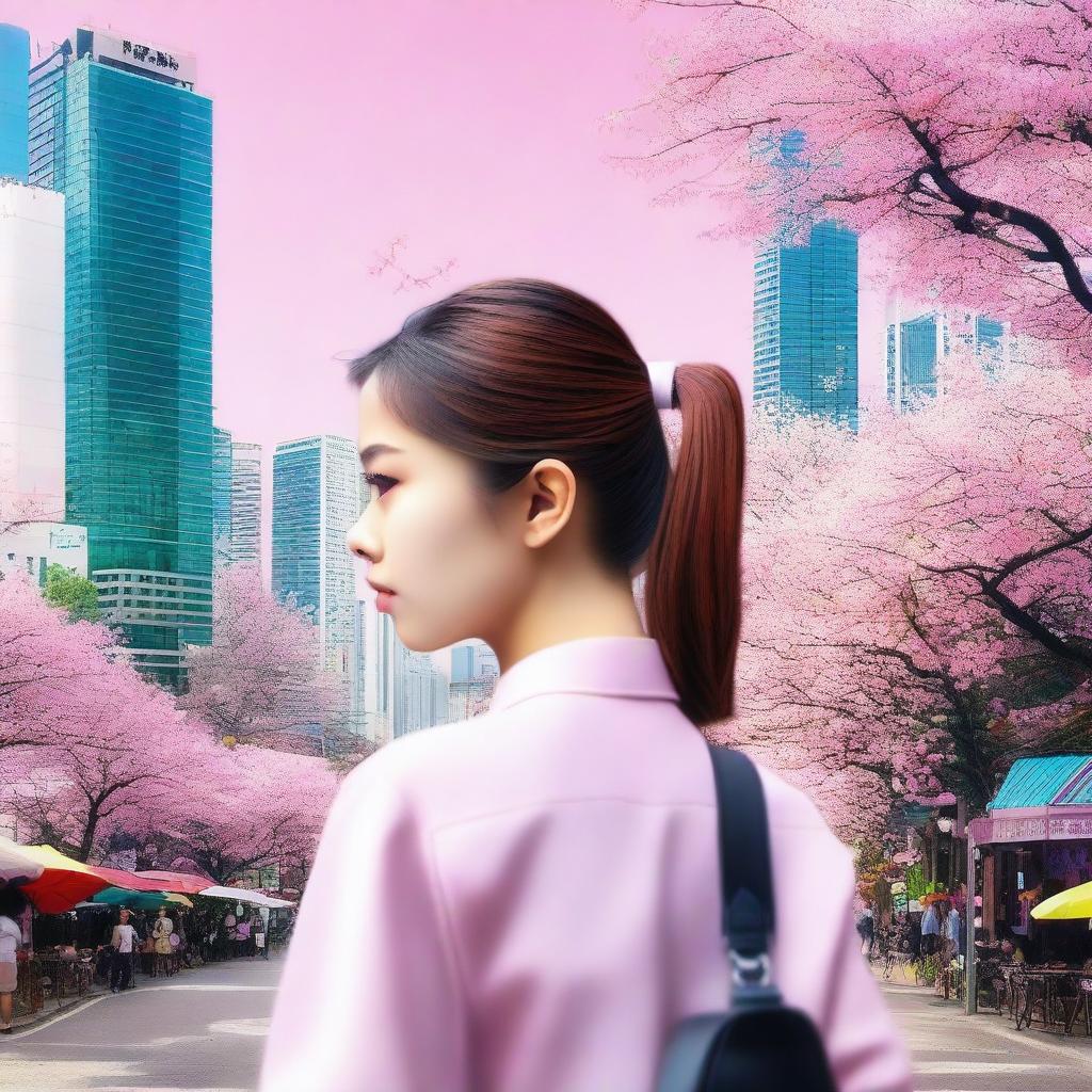 Create an image of a vibrant cityscape of Manila with hints of cherry blossom trees to signify springtime