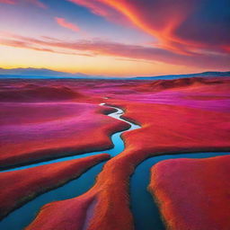 A surreal landscape during sunset with vivid colors