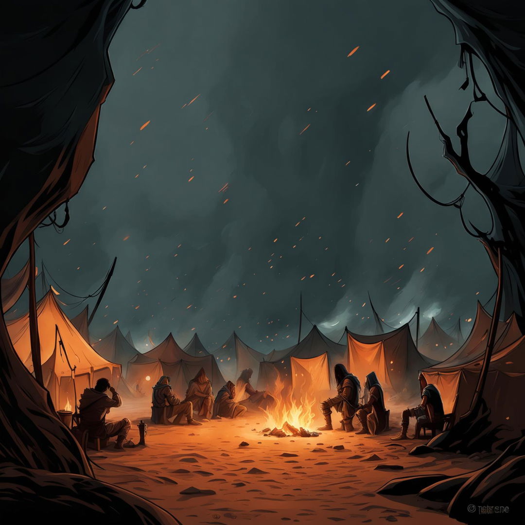 A Dungeons and Dragons style image of a small camp in the middle of a sandstorm