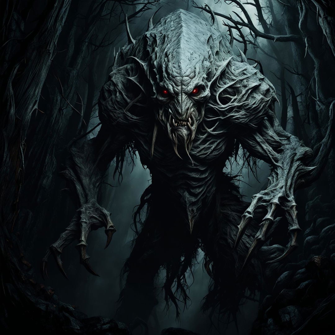 A high-quality Dungeons and Dragons style image of a Windigo, a monstrous creature, crawling through the dark, eerie woods.