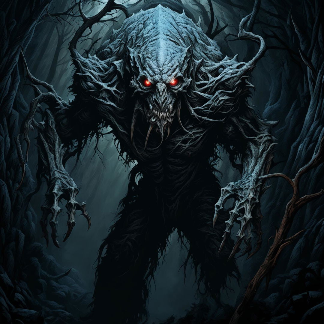 A high-quality Dungeons and Dragons style image of a Wendigo, a mythical creature, crawling through the dark, eerie woods.