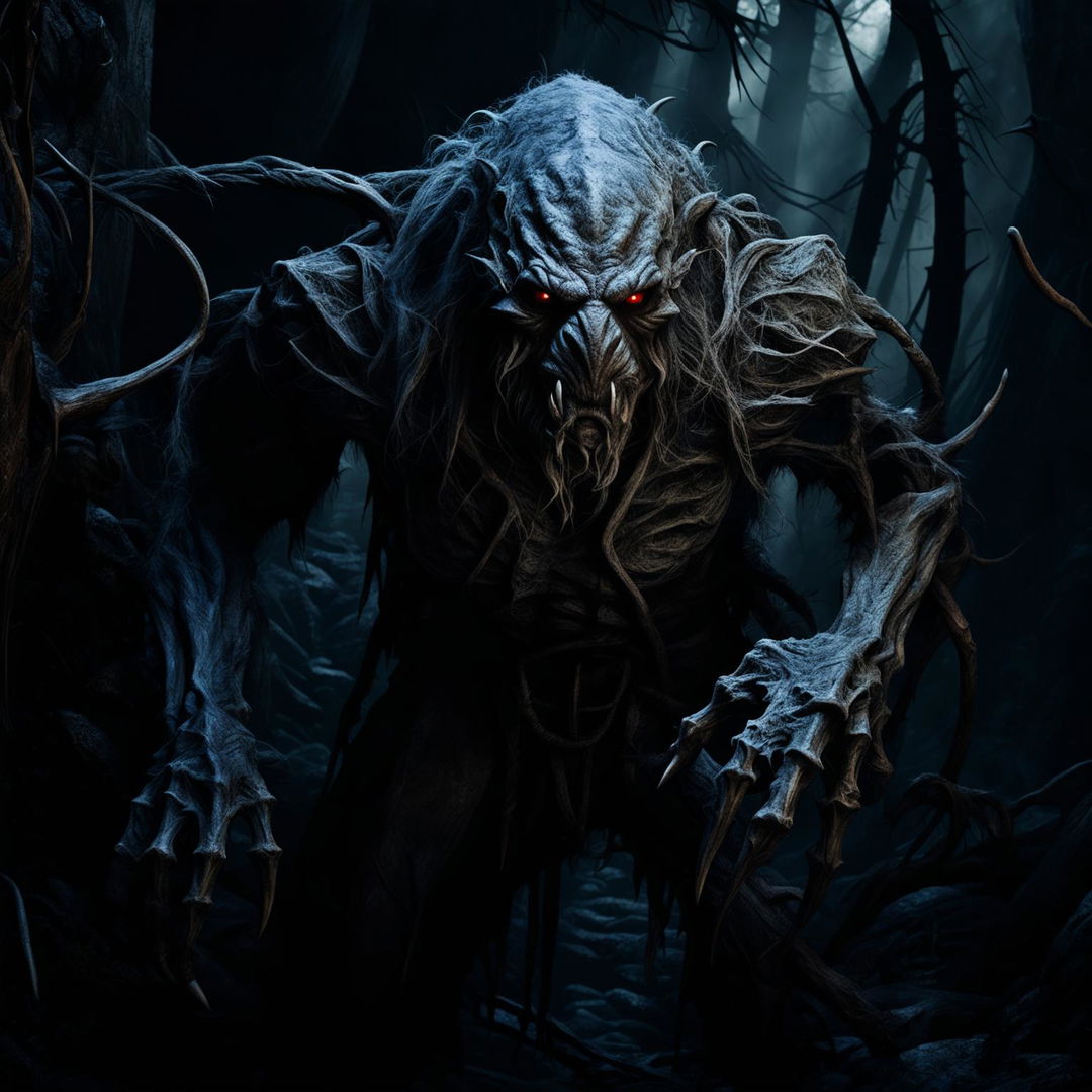 A Dungeons and Dragons style image of a Wendigo, a fearsome creature, crawling through the dark, eerie woods.