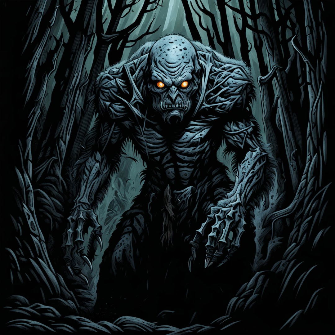 An image of a Wendigo, a fearsome creature, crawling through the dark, eerie woods, depicted in the art style of Dungeons and Dragons