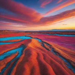 A surreal landscape during sunset with vivid colors