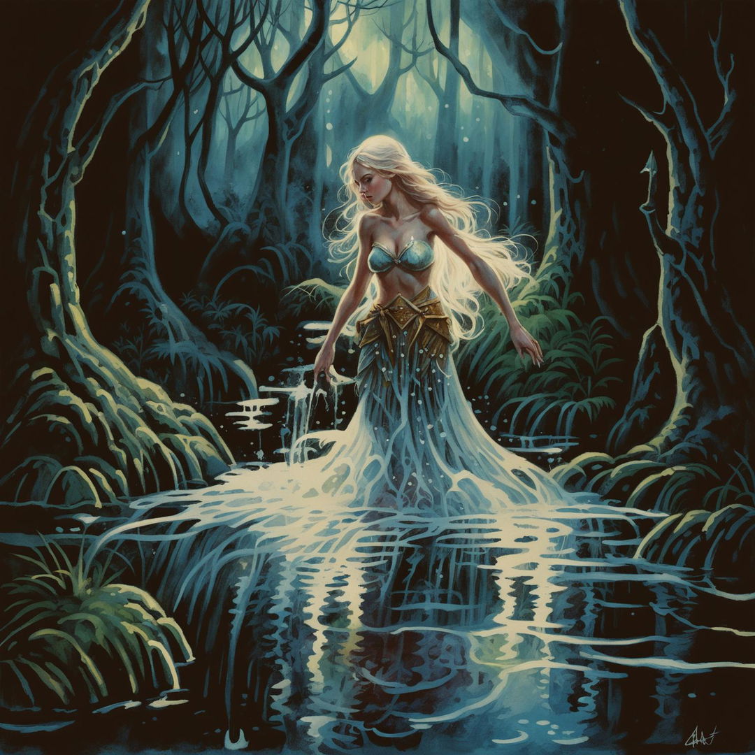 An image of a Naiad, a graceful water nymph, moving through the dark, mysterious woods, depicted in the art style of Dungeons and Dragons