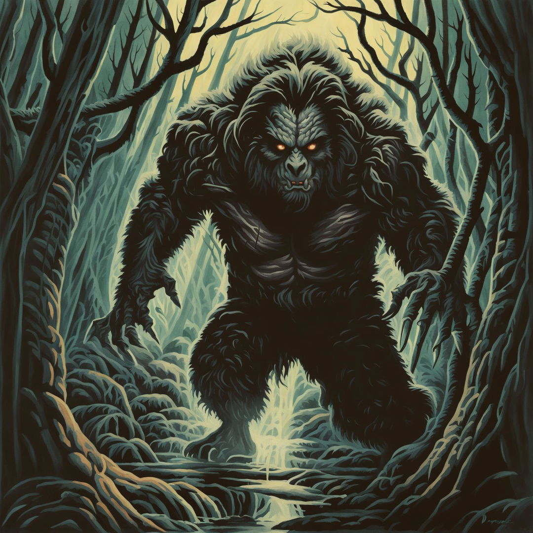 An image of a Yowie, an elusive creature from Australian folklore, moving through the dark, mysterious woods, depicted in the art style of Dungeons and Dragons