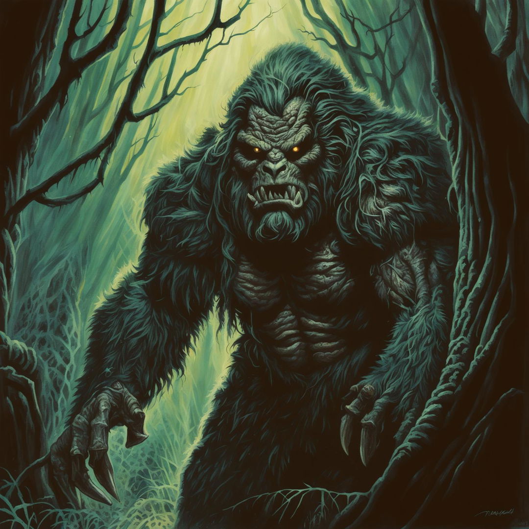 An image of a Yowie, a scary creature from Australian folklore, lurking within some dark, eerie woods, depicted in the art style of Dungeons and Dragons