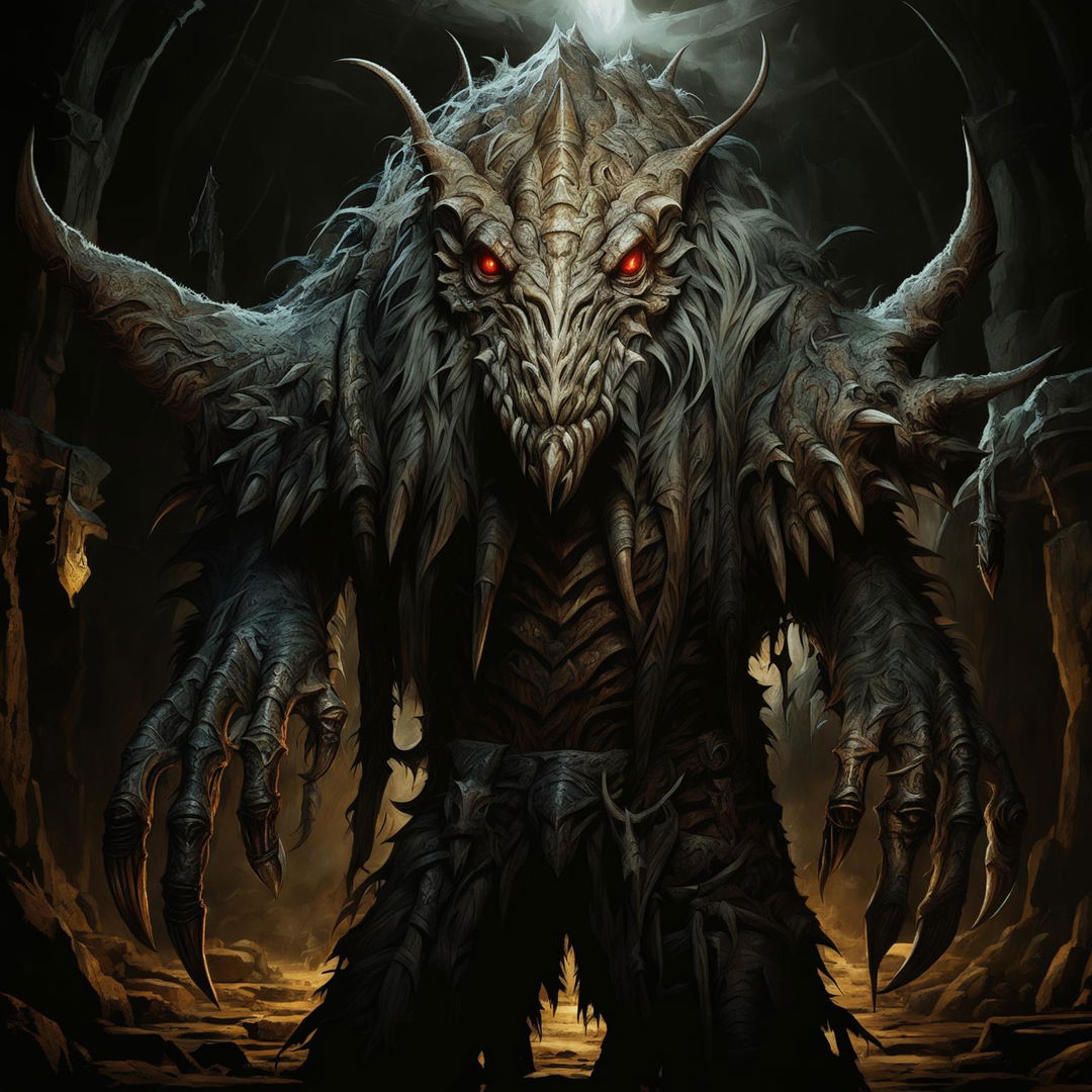 An image of a cursed creature, a grotesque mix of man and beast, standing in a desolate landscape, depicted in the art style of Dungeons and Dragons