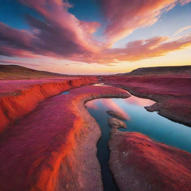 A surreal landscape during sunset with vivid colors