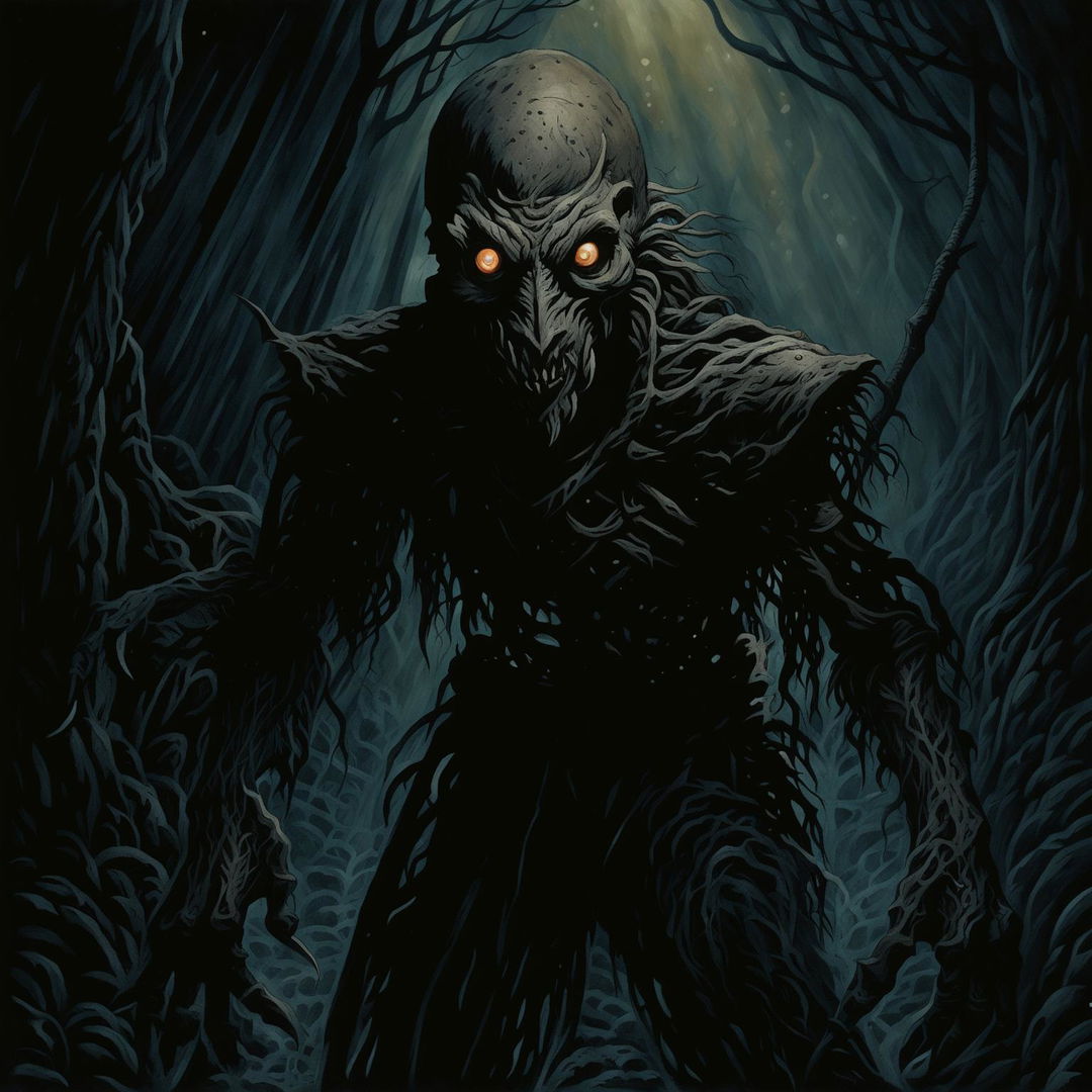 An image of a skinwalker, a mythical shape-shifting creature, moving through a dark, eerie forest, depicted in the art style of Dungeons and Dragons