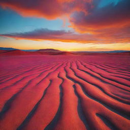 A surreal landscape during sunset with vivid colors