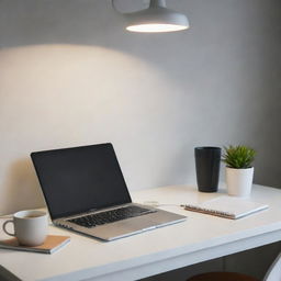 A tidy office desk with a modern laptop on it, positioned below a soft overhead light. The desk also holds a cup of coffee and various office supplies.