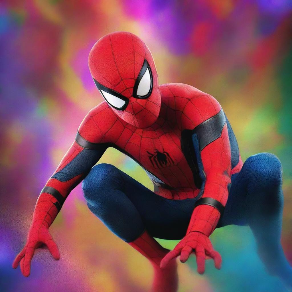 Spider-Man, portrayed by Tom Holland, travelling through a swirling vortex of colors and dimensions, representing the multiverse