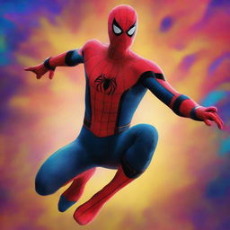 Spider-Man, portrayed by Tom Holland, travelling through a swirling vortex of colors and dimensions, representing the multiverse