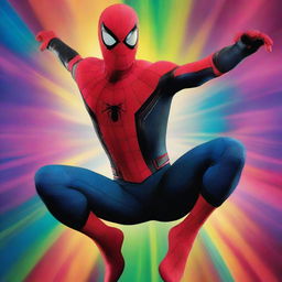 Spider-Man, portrayed by Tom Holland, travelling through a swirling vortex of colors and dimensions, representing the multiverse