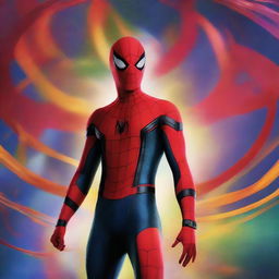 Spider-Man, portrayed by Tom Holland, travelling through a swirling vortex of colors and dimensions, representing the multiverse