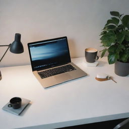 A tidy office desk with a modern laptop on it, positioned below a soft overhead light. The desk also holds a cup of coffee and various office supplies.