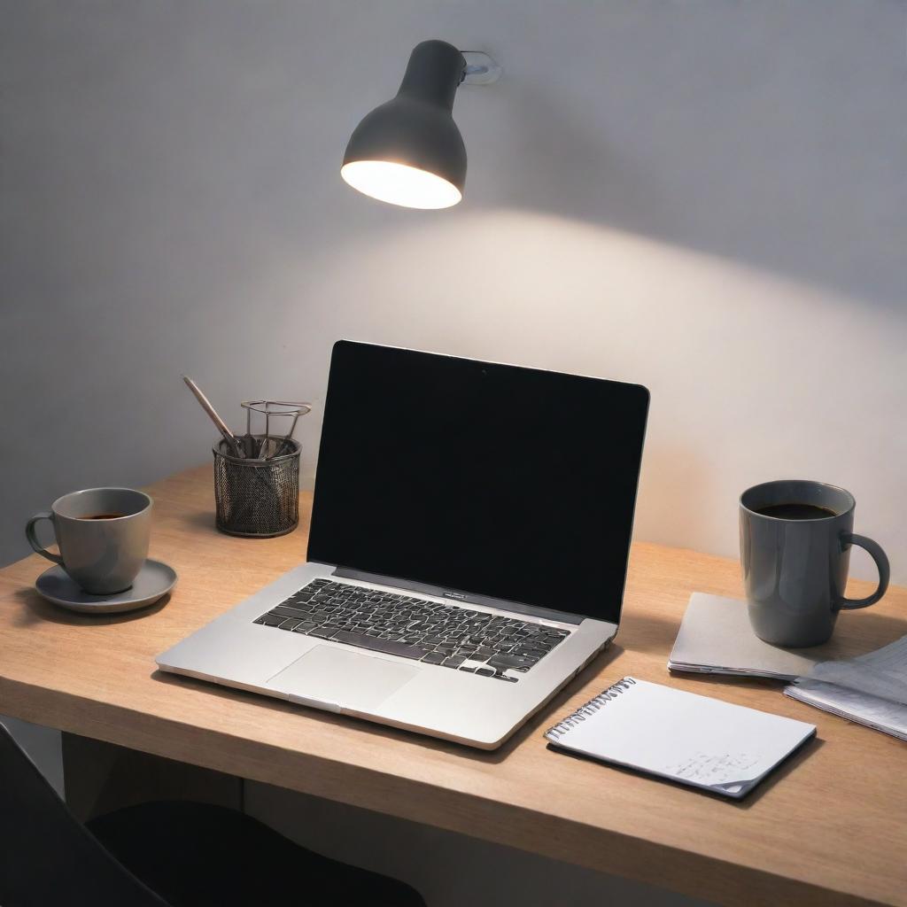 A tidy office desk with a modern laptop on it, positioned below a soft overhead light. The desk also holds a cup of coffee and various office supplies.