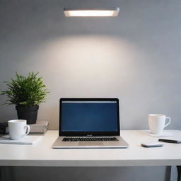 A tidy office desk with a modern laptop on it, positioned below a soft overhead light. The desk also holds a cup of coffee and various office supplies.