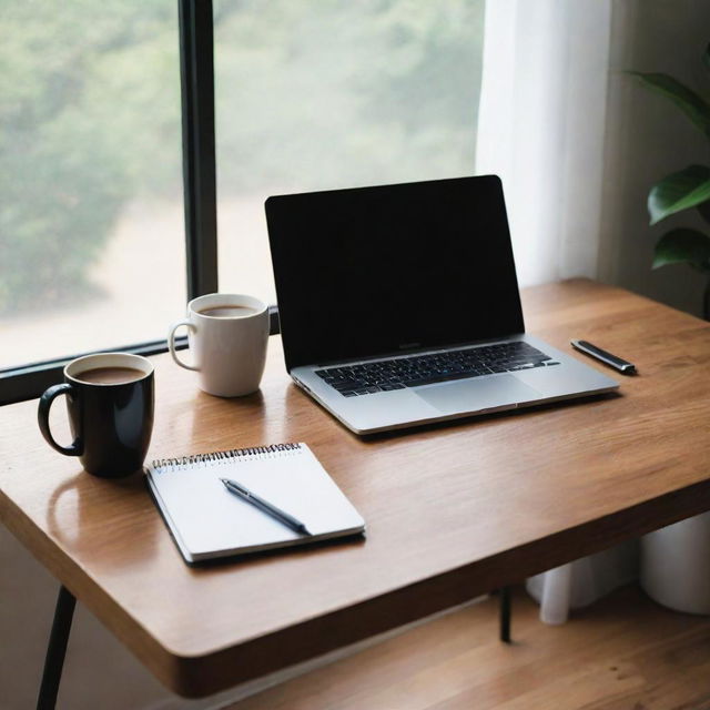 A view of a sleek laptop on a well-organized wooden desk, next to a steaming mug of freshly brewed coffee, hinting at a morning routine.