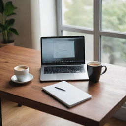 A view of a sleek laptop on a well-organized wooden desk, next to a steaming mug of freshly brewed coffee, hinting at a morning routine.