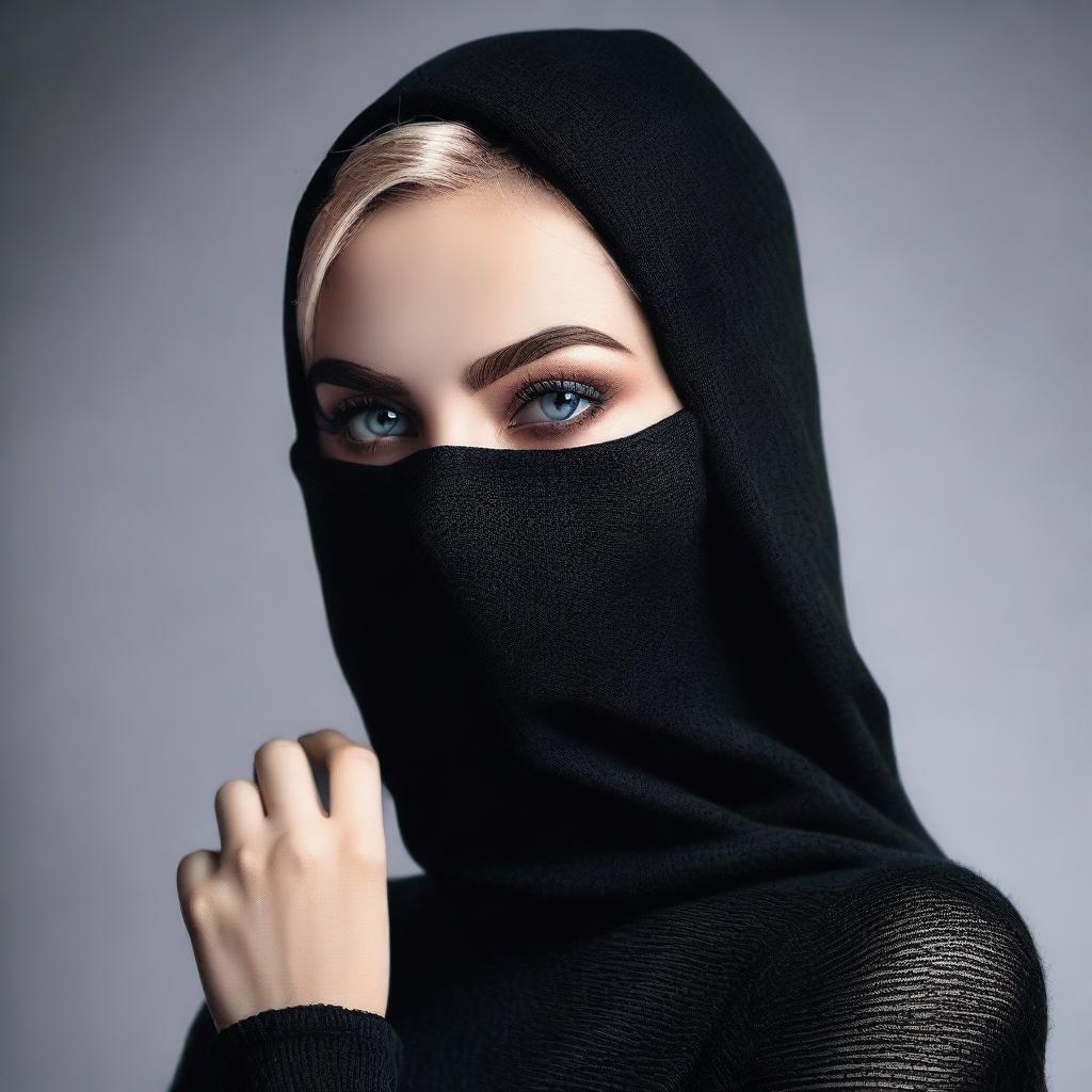 Generate an image of a woman in a stylish balaclava