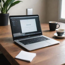 A view of a sleek laptop on a well-organized wooden desk, next to a steaming mug of freshly brewed coffee, hinting at a morning routine.