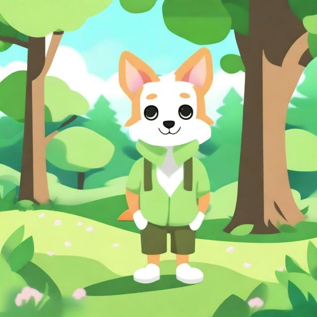 Generate an image of a friendly and cute furry character standing in a lush green park.