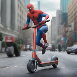 Create a realistic image of super heroes on electric scooters, engaged in an intense battle against each other.