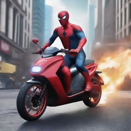 Create a realistic image of super heroes on electric scooters, engaged in an intense battle against each other.