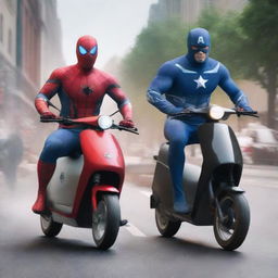 Create a realistic image of super heroes on electric scooters, engaged in an intense battle against each other.