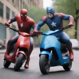 Create a realistic image of super heroes on electric scooters, engaged in an intense battle against each other.