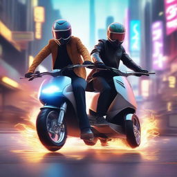 Visualize a scene where electric scooters are anthropomorphized and fighting each other