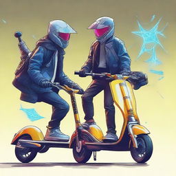 Visualize a scene where electric scooters are anthropomorphized and fighting each other