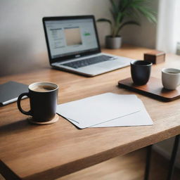 A view of a sleek laptop on a well-organized wooden desk, next to a steaming mug of freshly brewed coffee, hinting at a morning routine.