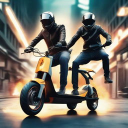 Visualize a scene where electric scooters are anthropomorphized and fighting each other