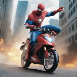 Create an image of a superhero riding a razor scooter, engaged in an intense battle with another superhero