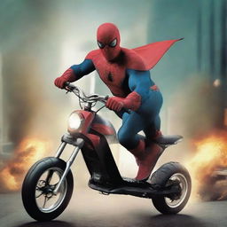 Create an image of a superhero riding a razor scooter, engaged in an intense battle with another superhero