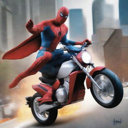 Create an image of a superhero riding a razor scooter, engaged in an intense battle with another superhero