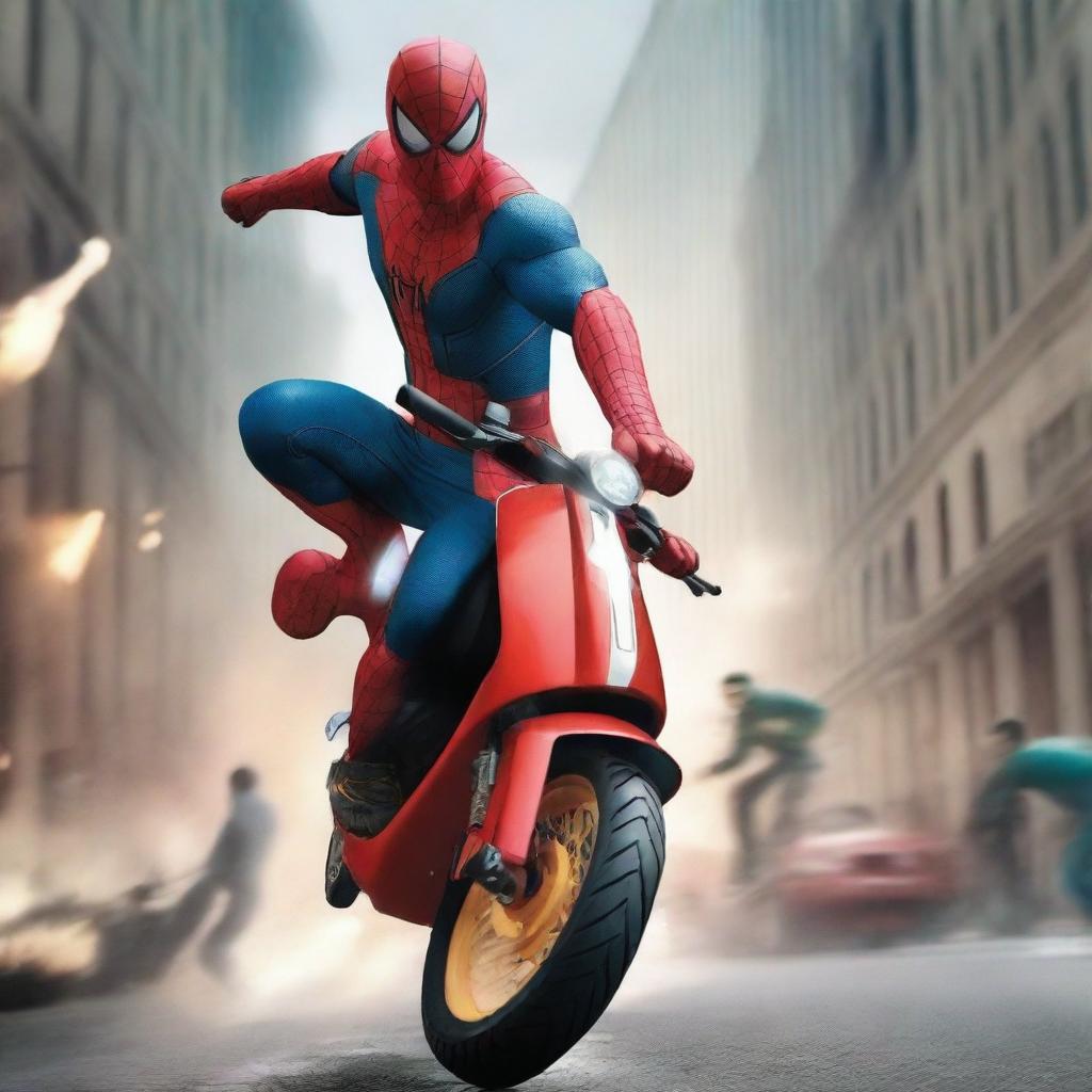 Create an image of a superhero riding a razor scooter, engaged in an intense battle with another superhero