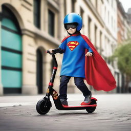 Create an image of a Razor scooter with a flowing superhero cape attached to its handlebars