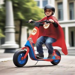 Create an image of a Razor scooter with a flowing superhero cape attached to its handlebars