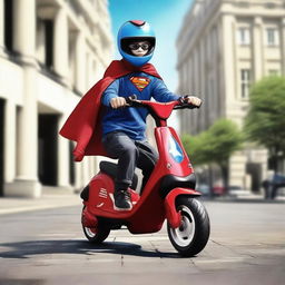 Create an image of a Razor scooter with a flowing superhero cape attached to its handlebars