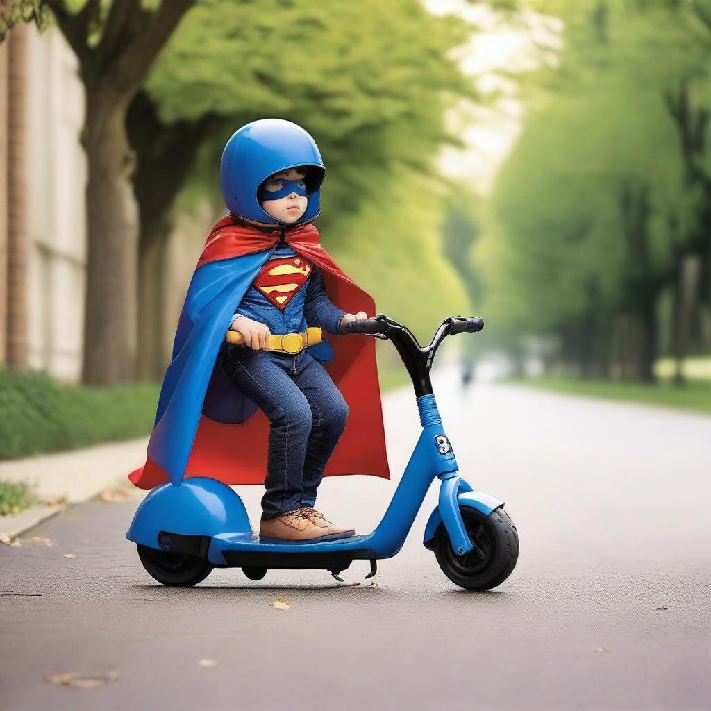 Create an image of a Razor scooter with a flowing superhero cape attached to its handlebars