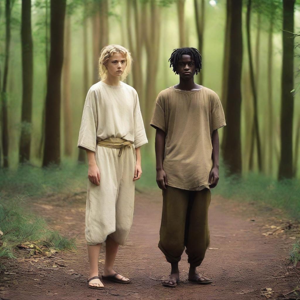 A short 16-year-old white girl with very short messy blonde hair, wearing a dirty biblical times tunic and trousers, stands back-to-back with a tall 21-year-old man with dark brown skin and black short wavy hair, missing a right hand, also in biblical times tunic and trousers