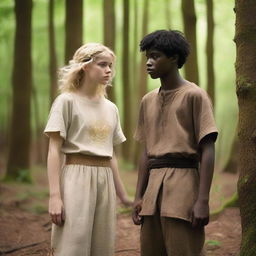 A short 16-year-old white girl with very short messy blonde hair, wearing a dirty biblical times tunic and trousers, stands back-to-back with a tall 21-year-old man with dark brown skin and black short wavy hair, missing a right hand, also in biblical times tunic and trousers